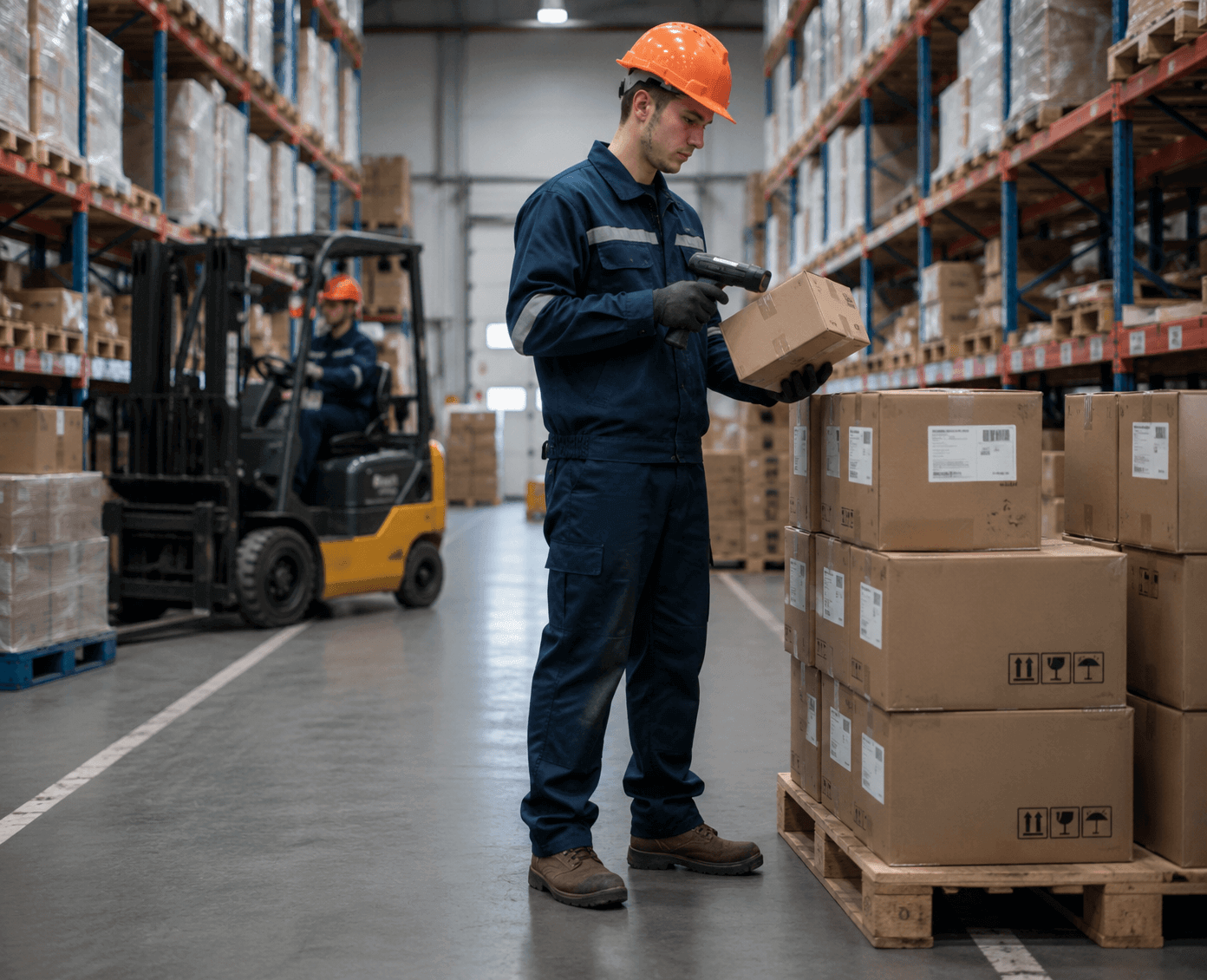 Warehouse worker scans a cardboard box beside stacked pallets in a warehouse, with a forklift in the background