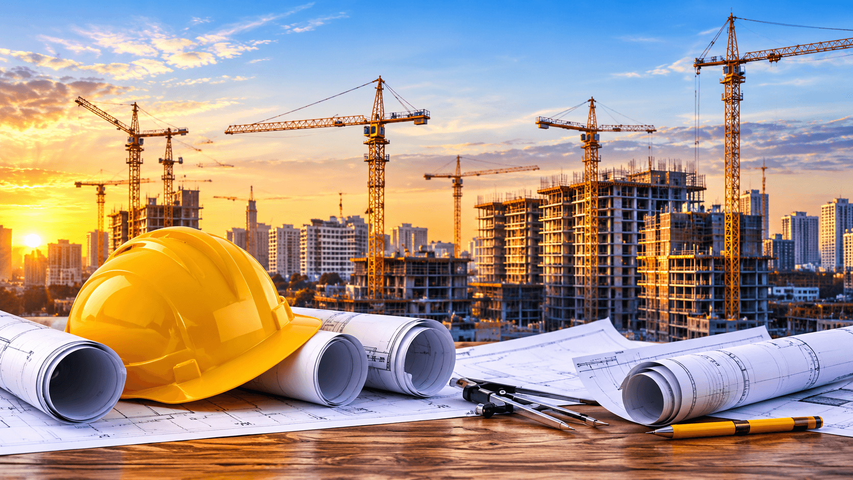 Yellow hard hat and architectural blueprints in front of a city construction site with cranes at sunset