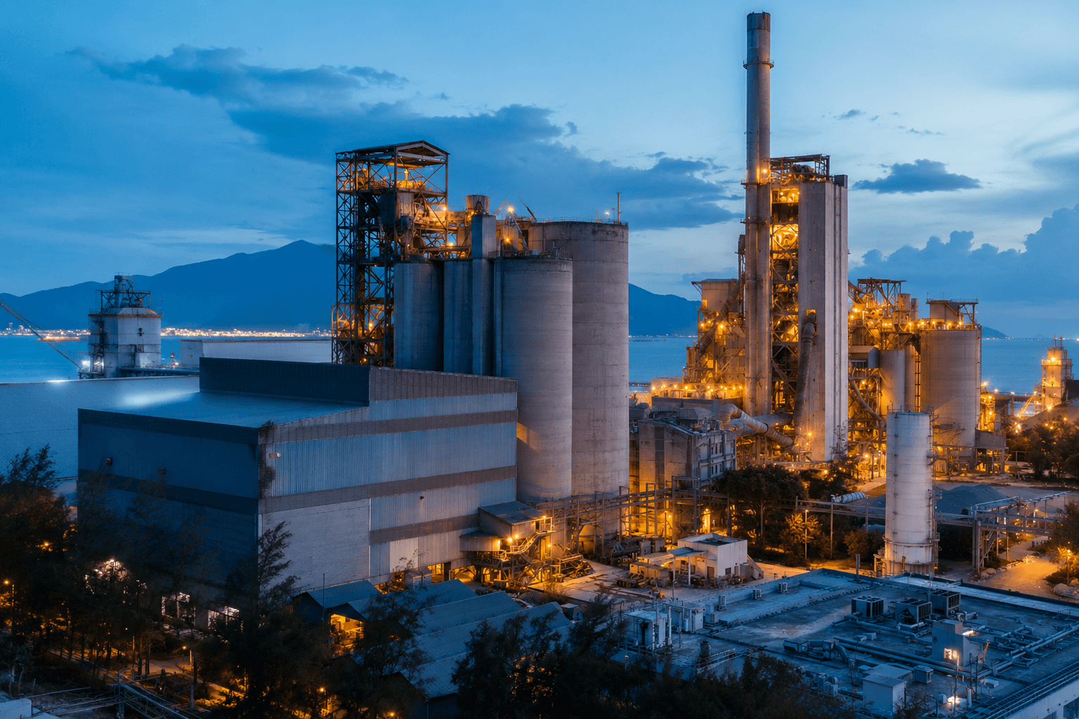 Industrial manufacturing plant illuminated at dusk, with silos, towers, and smokestacks beside a bay and mountain range