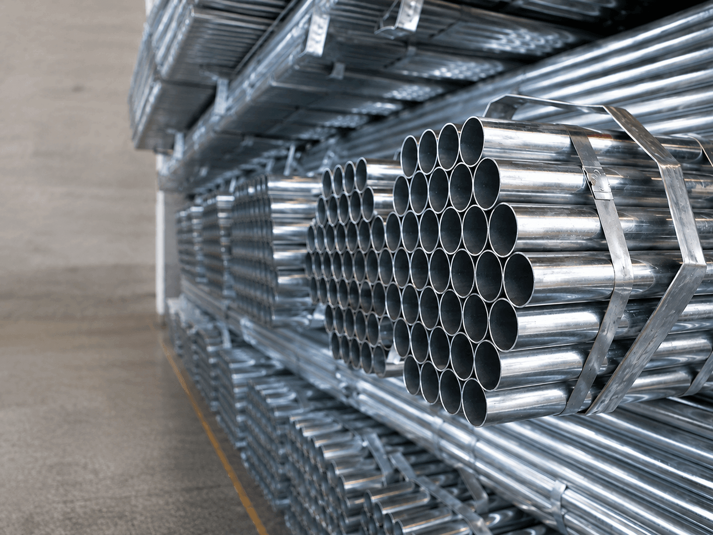 Stacks of shiny metal pipes bundled on industrial storage racks